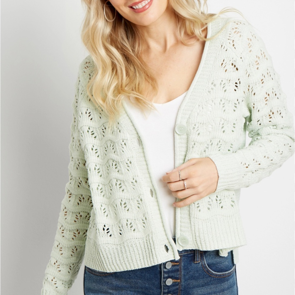 Wave Pointelle Stitch Button Front Cardigan